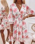 Floral V-Neck A-Line Dress – Smocked Waist, Ruffled Hem, Summer Ready 🌸