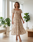 ⏰ 50% OFF ✨Women's Square Neck Smocked Floral Midi Dress