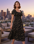 ⏰ 50% OFF ✨Women's Square Neck Smocked Floral Midi Dress