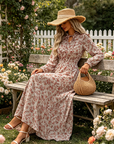 LIMITED-TIME 50% OFF! ✨Women's Elegant Floral Maxi Dress | Tie-Front V-Neck Smocked Waist Ruffled Sleeve Holiday Dress