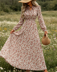LIMITED-TIME 50% OFF! ✨Women's Elegant Floral Maxi Dress | Tie-Front V-Neck Smocked Waist Ruffled Sleeve Holiday Dress