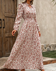 LIMITED-TIME 50% OFF! ✨Women's Elegant Floral Maxi Dress | Tie-Front V-Neck Smocked Waist Ruffled Sleeve Holiday Dress