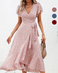 Women’s Summer Elegant V Neck Tie Waist Flowy Floral Dress