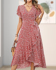 Women’s Summer Elegant V Neck Tie Waist Flowy Floral Dress