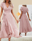 Women’s Summer Elegant V Neck Tie Waist Flowy Floral Dress
