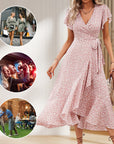 Women’s Summer Elegant V Neck Tie Waist Flowy Floral Dress