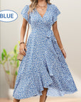 Women’s Summer Elegant V Neck Tie Waist Flowy Floral Dress