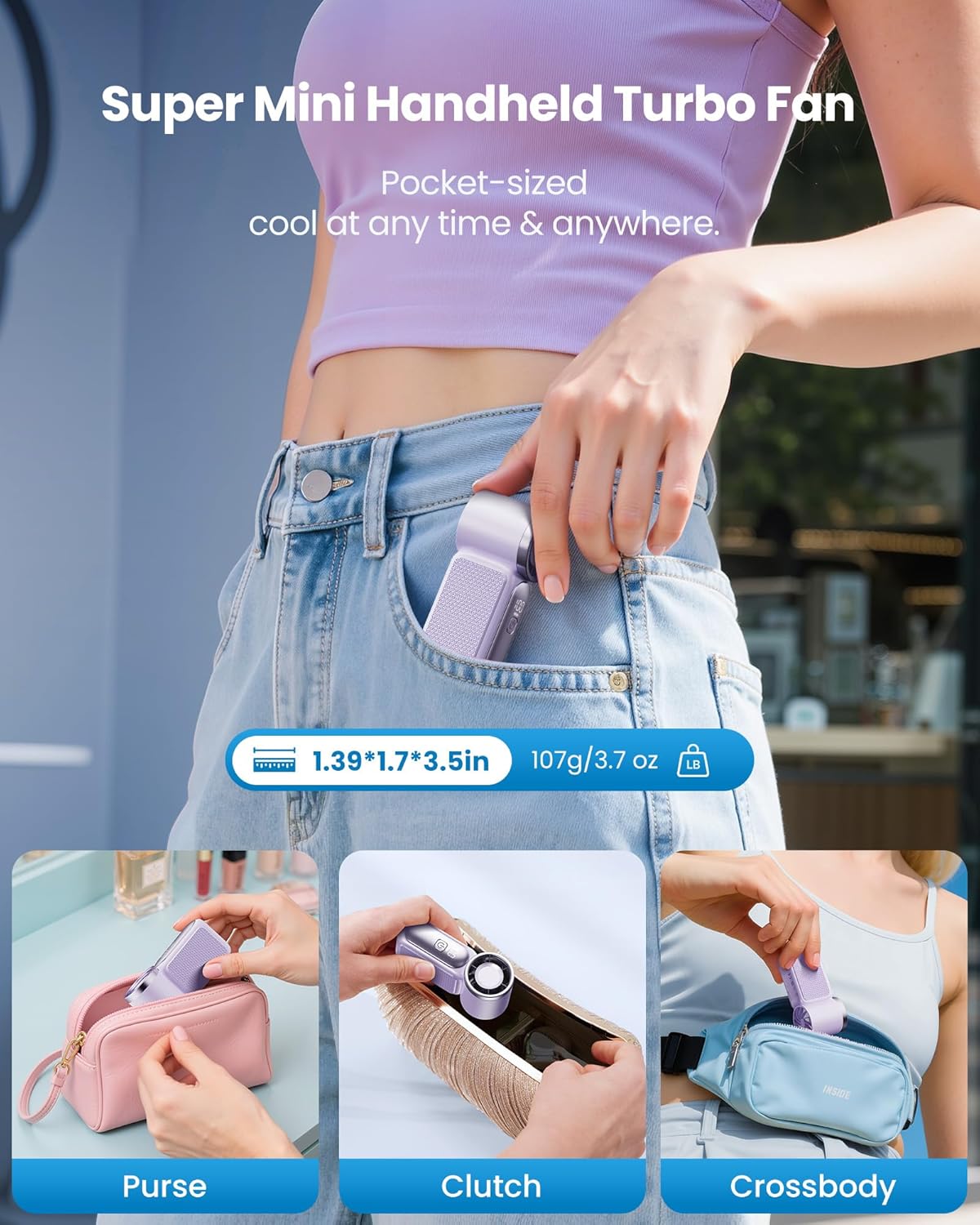 Mini Handheld Fan with LED Display –👍5-Speed Turbo Pocket size Fan.✨USB Rechargeable, High-Speed Cooling for Travel &amp; Makeup. Perfect  Gift.  Portable Refrigeration