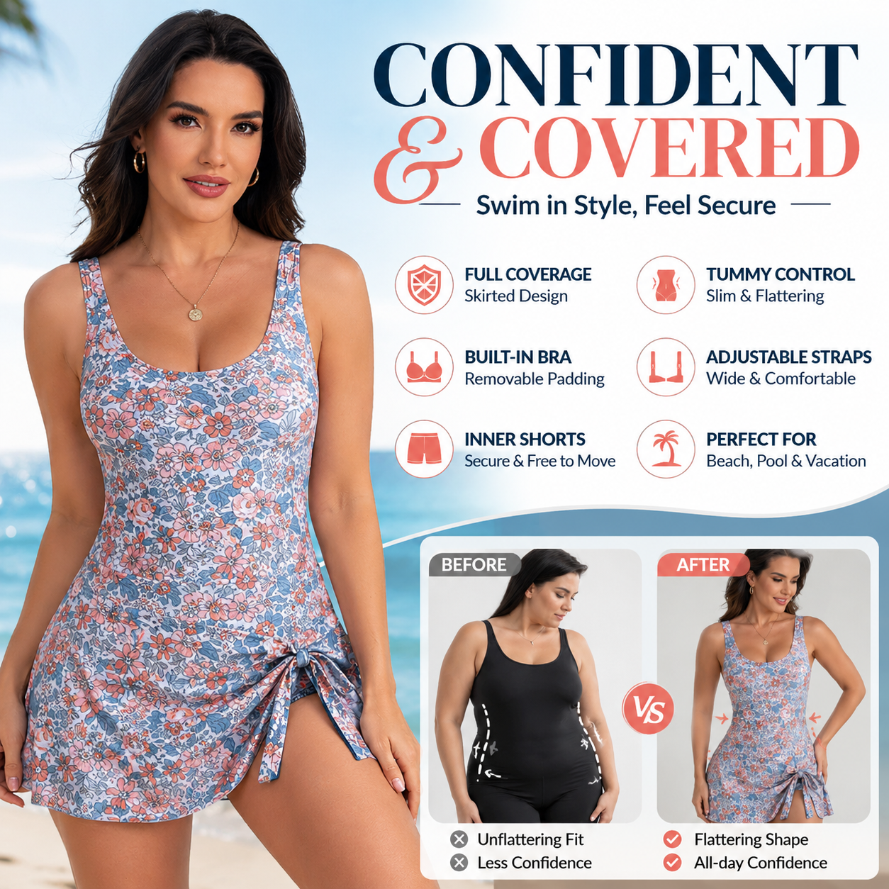 ✨ Women's Tummy Control Tie Knot Swimsuit with Skirt – Full Coverage &amp; Built-in Bra – Summer Essential 🌊