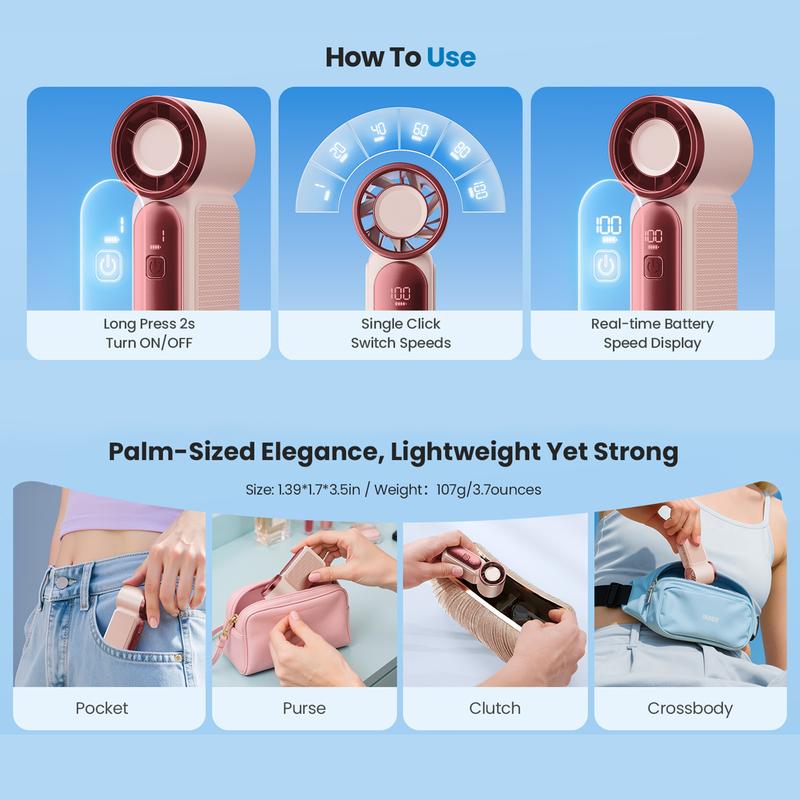 Mini Handheld Fan with LED Display –👍5-Speed Turbo Pocket size Fan.✨USB Rechargeable, High-Speed Cooling for Travel &amp; Makeup. Perfect  Gift.  Portable Refrigeration