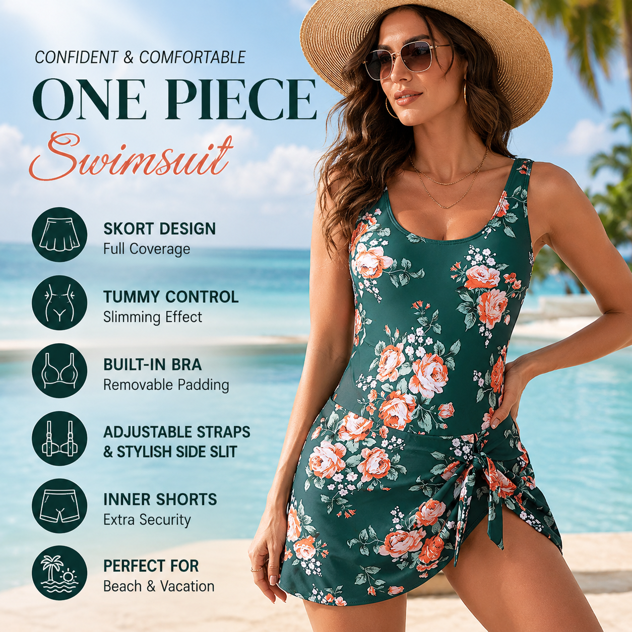 ✨ Women's Tummy Control Tie Knot Swimsuit with Skirt – Full Coverage &amp; Built-in Bra – Summer Essential 🌊