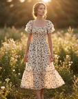 ⏰ 50% OFF ✨Women's Square Neck Smocked Floral Midi Dress