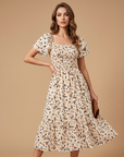 ⏰ 50% OFF ✨Women's Square Neck Smocked Floral Midi Dress