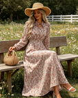 LIMITED-TIME 50% OFF! ✨Women's Elegant Floral Maxi Dress | Tie-Front V-Neck Smocked Waist Ruffled Sleeve Holiday Dress