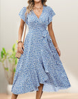 Women’s Summer Elegant V Neck Tie Waist Flowy Floral Dress