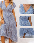 Women’s Summer Elegant V Neck Tie Waist Flowy Floral Dress