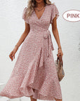 Women’s Summer Elegant V Neck Tie Waist Flowy Floral Dress