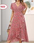 Women’s Summer Elegant V Neck Tie Waist Flowy Floral Dress